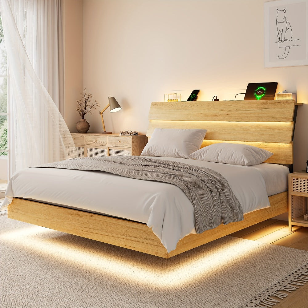 Floating Bed Frame with LED Lights Built-In Charging Station Wooden Headboard Heavy-Duty Metal Support Easy Assembly Bedroom Furniture