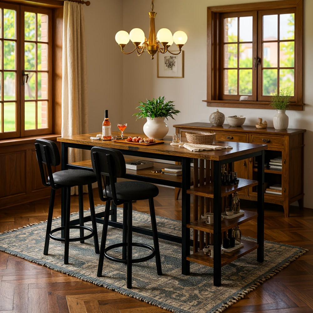 3-Piece Counter Height Dining Table Set with Faux Leather Bar Stools & Storage Shelves - Modern Farmhouse Breakfast Nook Set for Small Spaces, MDF Top & Metal Frame