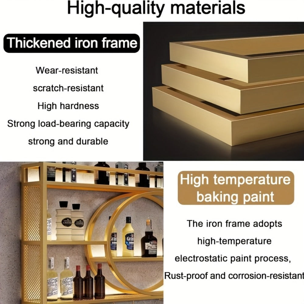 Wall Mounted Wine Rack with LED Lighting, 3-Tier Floating Bottle & Glass Holder Shelf, Iron Beverage Display Rack for Kitchen Living Room Bar, Gold & Black, 3 Sizes