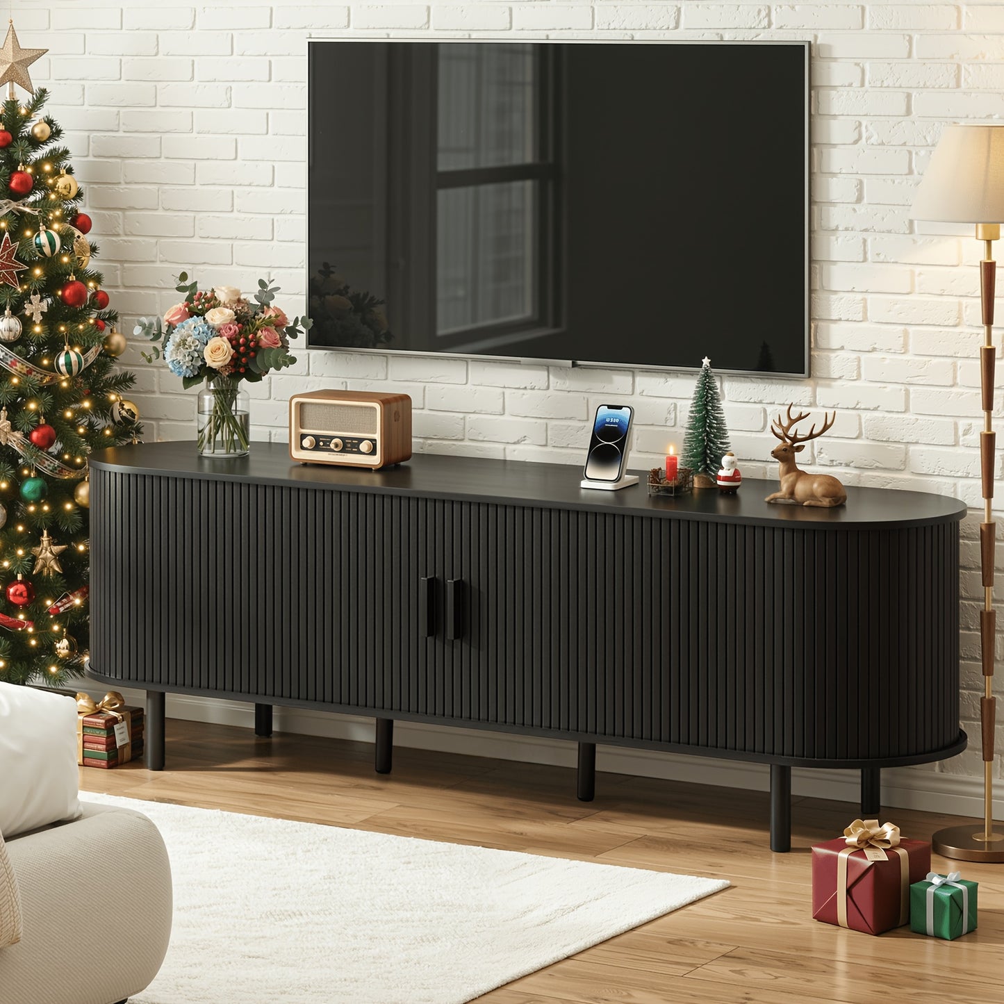 PAZCASA 70.8 Inch/55 Inch TV Stand with Power Outlet for Tvs Up to 75 Inch, Entertainment Center with Storage And Adjustable Shelves, Modern Media Console with Sliding Doors for Living Room, Walnut/Black/Oak