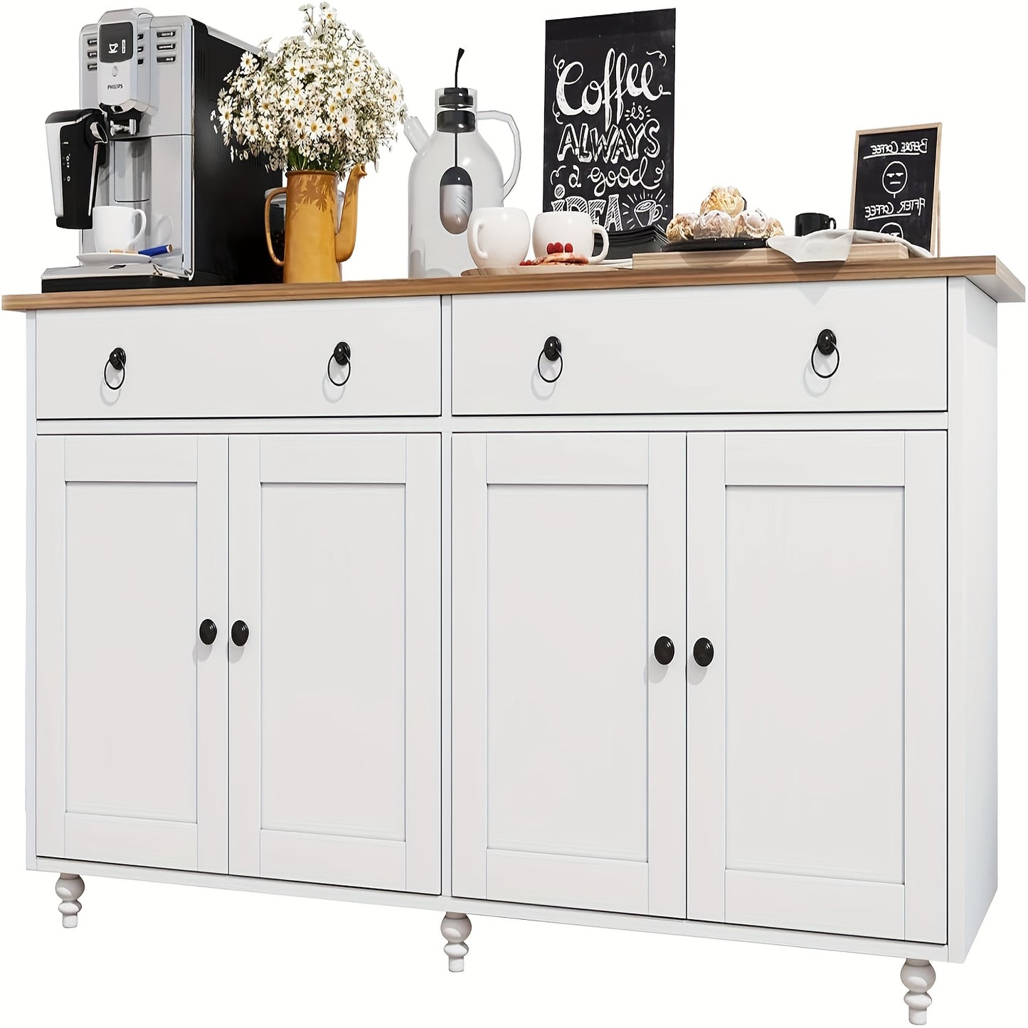 55" Buffet Cabinet, Coffee Bar with 4 Doors And 2 Drawers, Sideboard Cabinet with Adjustable Shelves, Coffee Bar Cabinet for Kitchen, Dining Room, Entryway, White/Black