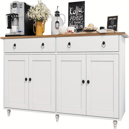 55" Buffet Cabinet, Coffee Bar with 4 Doors And 2 Drawers, Sideboard Cabinet with Adjustable Shelves, Coffee Bar Cabinet for Kitchen, Dining Room, Entryway, White/Black