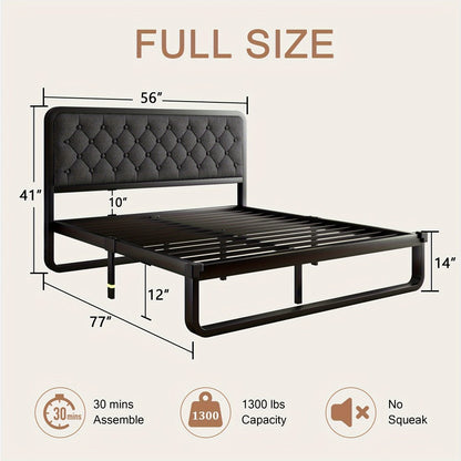 Platform Bed Frame with Button-Tufted Headboard – Black Faux Leather or Dark Grey Linen, 12-Inch Under Bed Storage, Full Queen