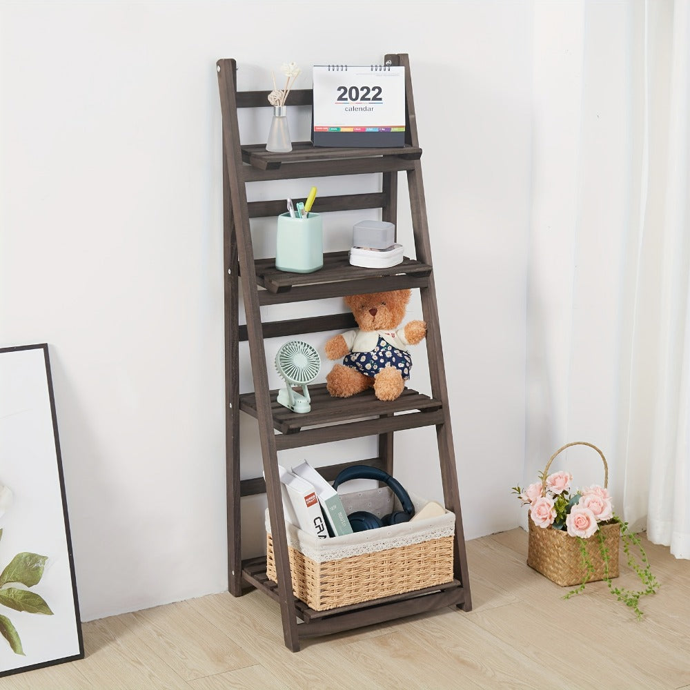 4-Tier Ladder Plant Stand Solid Wood Foldable, Paulownia Wood Display Shelf for Plants Garden Patio Balcony Living Room, Corner Shelf Storage Rack Bookshelf