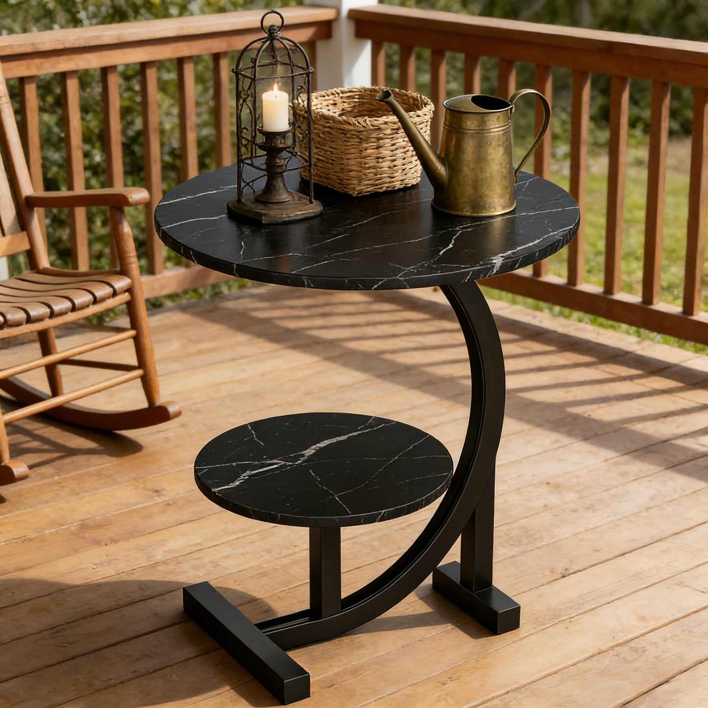 14 Inch Round Metal Solid Wood Arc Side Table with Double Layer Storage Shelf - Modern Garden Side Table - Durable Metal Coffee Table for Terrace, Camping, Balcony Or Outdoor Space, Space-Saving Design, Sturdy Base, Garden Table, Garden Furniture