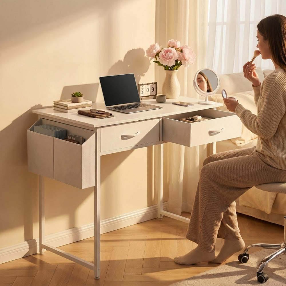 Small Makeup Vanity Desk 32" with Hair Dryer Hook & Side Bag – Compact Dressing Table with Storage Drawers, Modern Study Writing Desk for Small Spaces & Bedroom
