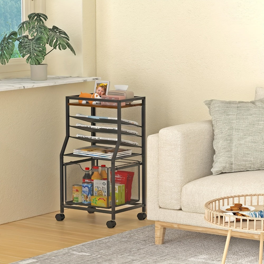 Rolling File Cart with Drawer for Hanging File Folders – Under Desk Office Cart with Paper Trays, Wood & Mesh 3-in-1 File Organizer, 14.8"L x 11.8"D x 27.7"H