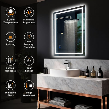 LED Bathroom Mirror 24x36 Inch with Front & Backlight Anti-Fog Dimmable, 3 Color Temperatures Memory Function Shatter-Proof Tempered Glass Vanity Wall Mirror Horizontal Vertical