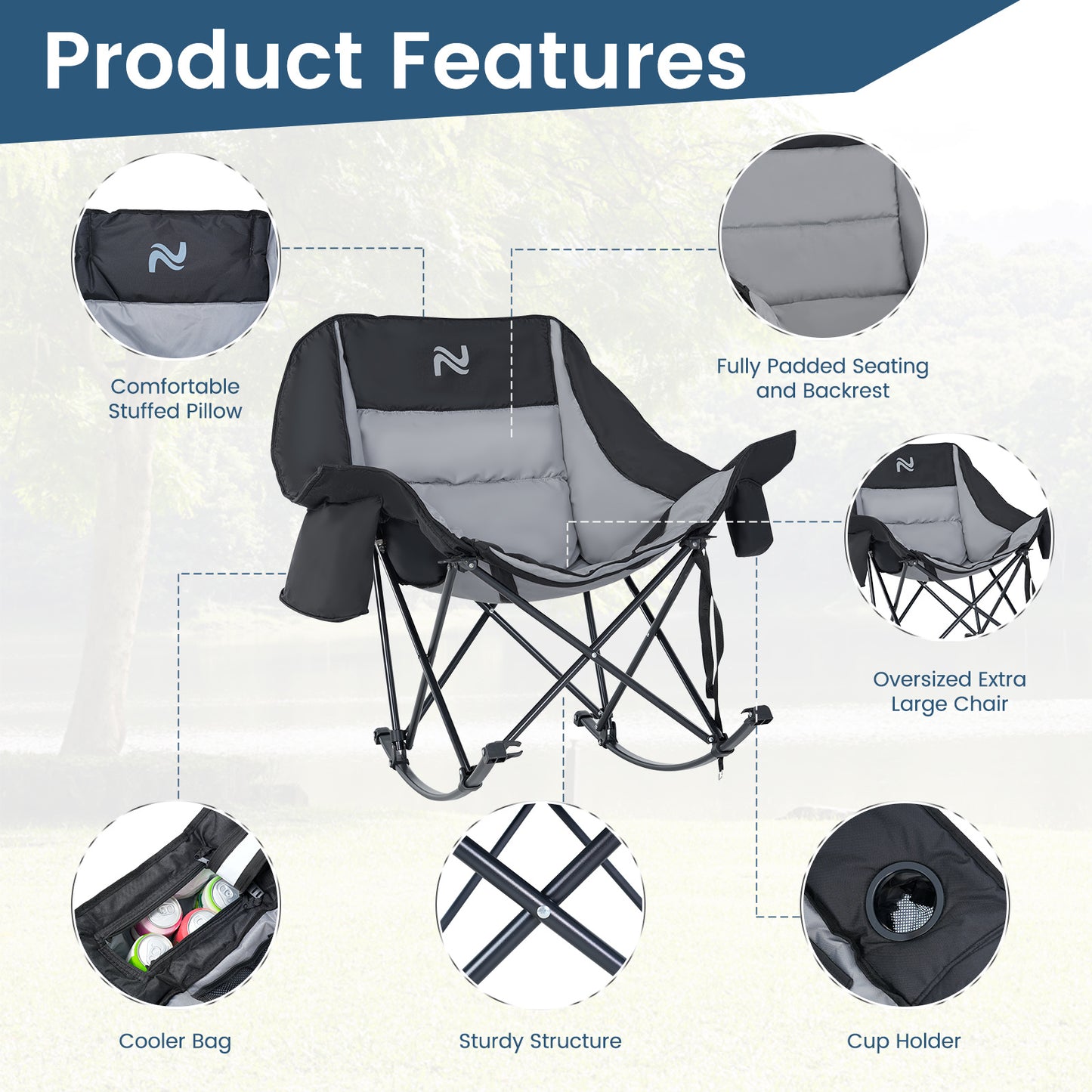 Oversized Rocking Camping Chair, Fully Padded Patio Chair with Cooler Bag and Side Pocket, High Back Portable Lawn Recliner Rocker Chairs for Camp, Patio, Supports 400 lbs