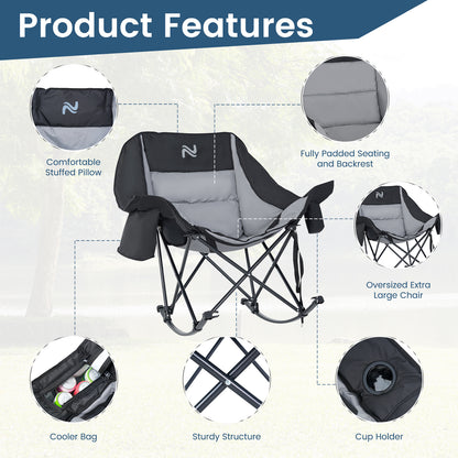 Oversized Rocking Camping Chair, Fully Padded Patio Chair with Cooler Bag and Side Pocket, High Back Portable Lawn Recliner Rocker Chairs for Camp, Patio, Supports 400 lbs