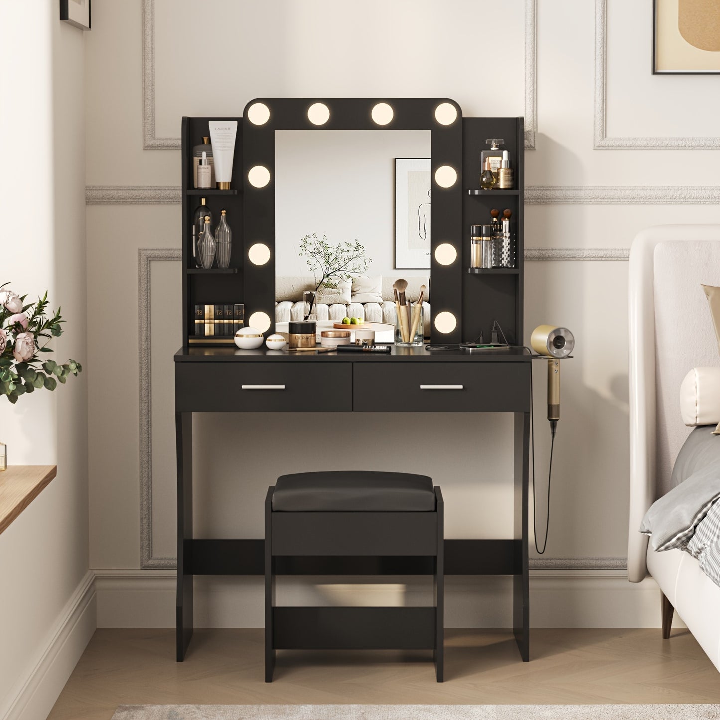 [LED Vanity Desk] Vanity Desk With LED Lighted Mirror & 10+ Strip, 6-Drawer Makeup Dressing Table With Stool Suitable For Bedroom,, Plug-And-Play Assembly, Modern For Room, Dorm, Beauty Salon