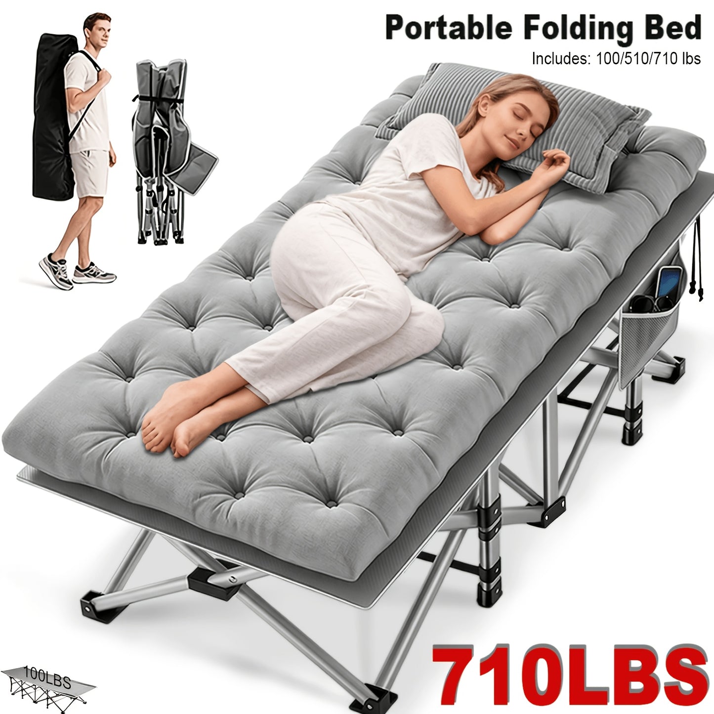 Bed Frame Sold Separately Adult Camping Bed 28in Wide Heavy Bed, Portable Folding Bed with Cushion, Pillow And Handbag, Camping Bed with Mattress, Sofa Bed, Companion Bed, Suitable for Office Nap, Beach, Yard, RV, Park. Includes100/510/710LBS