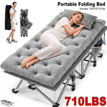 Bed Frame Sold Separately Adult Camping Bed 28in Wide Heavy Bed, Portable Folding Bed with Cushion, Pillow And Handbag, Camping Bed with Mattress, Sofa Bed, Companion Bed, Suitable for Office Nap, Beach, Yard, RV, Park. Includes100/510/710LBS