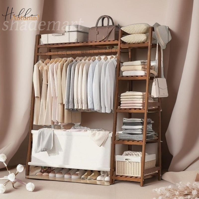 A multi capacity storage rack with brown and brown options, equipped with 5 side storage racks. A hat rack with shelves and bags is suitable for home storage, and a side hat hook is suitable for bedroom and hat room storage Specifications: with bag or wit