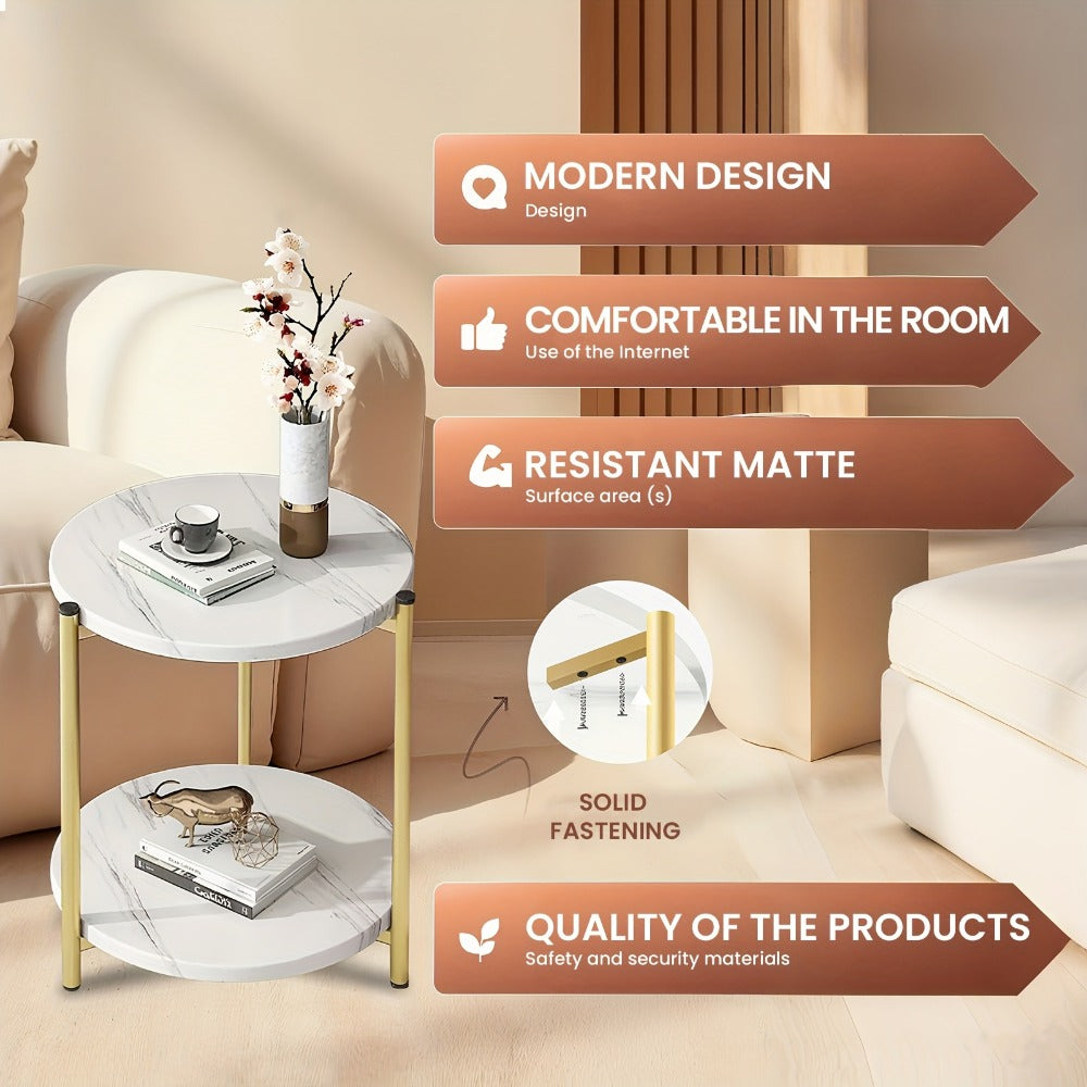 Round Coffee Table with Marble Pattern & Double-Layer Storage, Modern Glass Top Accent Table in White and Gold for Living Room or Bedroom