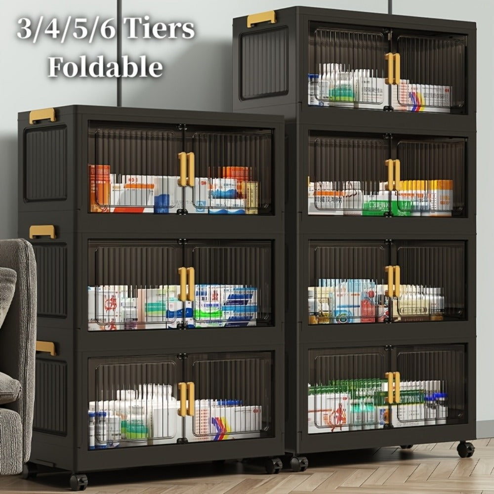 Stackable Medicine Cabinet 3-6 Tier Vertical Storage Cabinet with Lid & Casters, Portable Foldable Bathroom Storage Tower, Large-Capacity Organizer for Bathroom, Living Room & Small Spaces