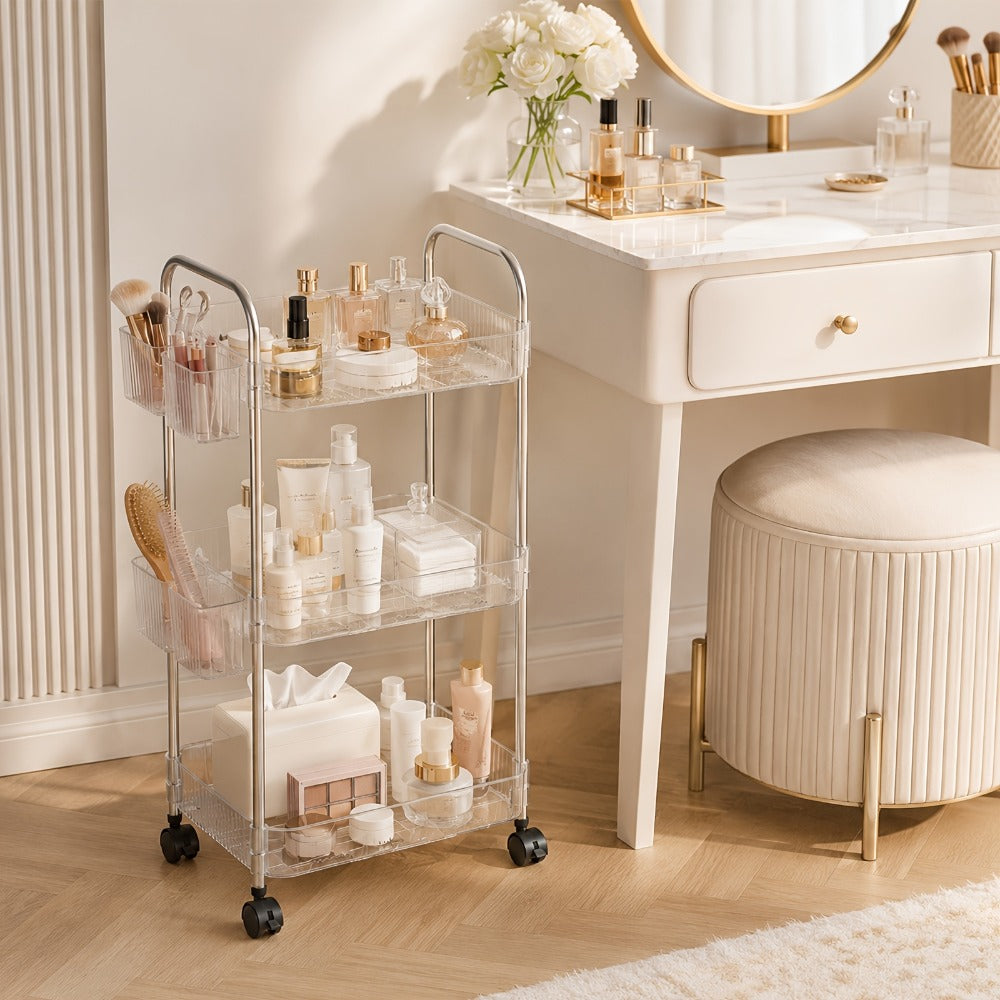 3-Tier Acrylic Rolling Storage Cart with 3 Hanging Boxes - Rolling Bathroom Cart for Cosmetics, Skincare & Snacks, 360° Wheels, Slim Utility Cart Under 27" Height