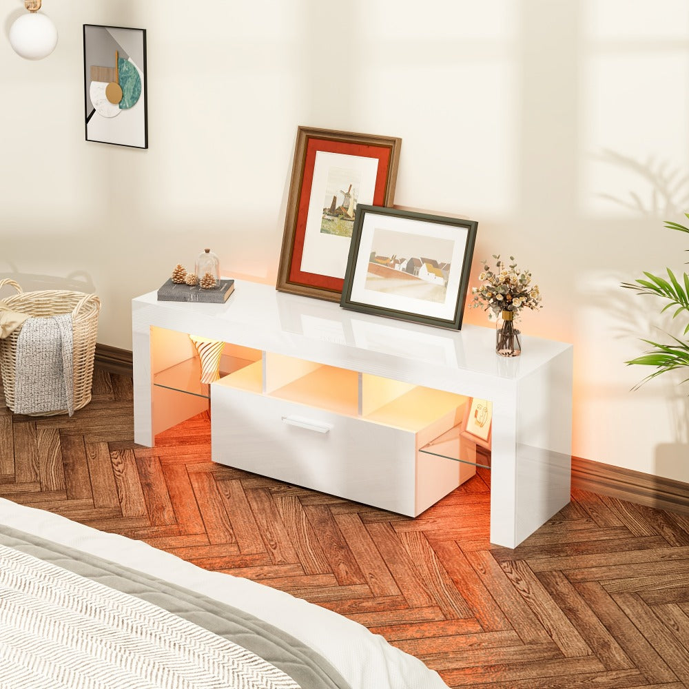 Contemporary LED TV Stand with Storage Drawers, High Gloss Media Console Table for TVs up to 80 Inch, Entertainment Center for Living Room Game Room Bedroom, 51" 63" 71" Sizes Black White Brown