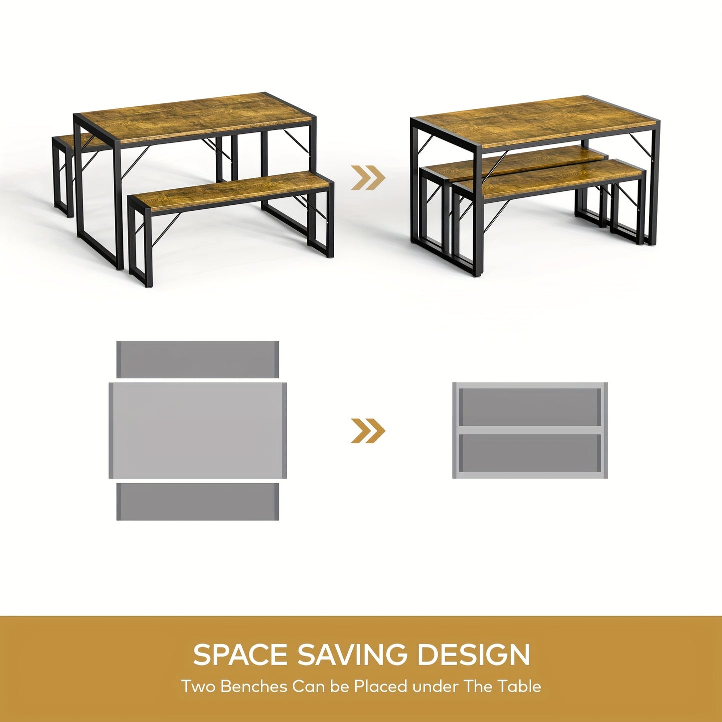45.5" Dining Table Set For 4, Kitchen Table Set With 2 Benches, Dining Room Table Set With Metal Frame & MDF Board, Space-Saving Dinette For Kitchen, Dining Room -Black, Retro, Gray