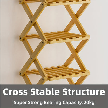 A Foldable Bamboo Shoe Rack, Crafted from High-quality Mountain Bamboo. Available in Multiple Tier Configurations. Sets up and Is Ready to Use Within 20 Seconds. Perfect for Small Spaces Near Home Entrances!