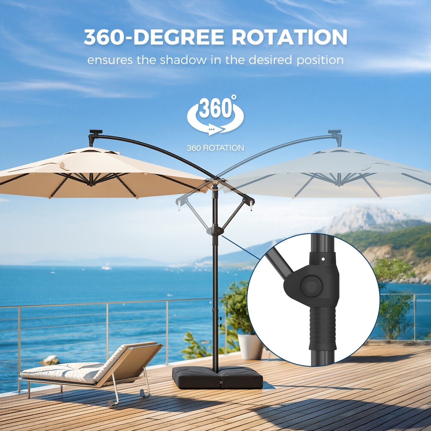 360 Degree Rotation 10Ft Solar Patio Umbrella with Base Included, Offset Cantilever Outdoor Umbrella with 32 LED Lights, Offering UPF50+ UV Protection, 8 Sturdy Ribs, for Outdoor, Pool, Deck And Garden