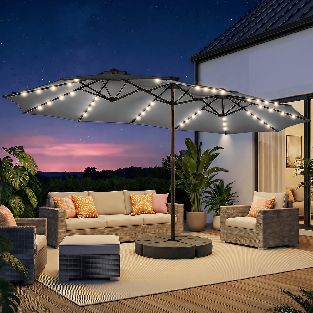 15 Ft Solar LED Patio Umbrella Double Sided with Base 48 LED Lights UPF50+ UV Protection 12-Rib Crank Handle for Lawn Garden Deck Pool 5 Colors