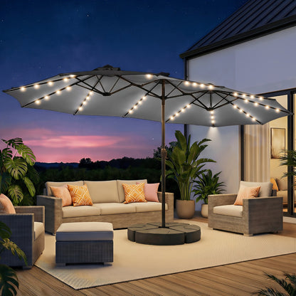 15 Ft Solar LED Patio Umbrella Double Sided with Base 48 LED Lights UPF50+ UV Protection 12-Rib Crank Handle for Lawn Garden Deck Pool 5 Colors