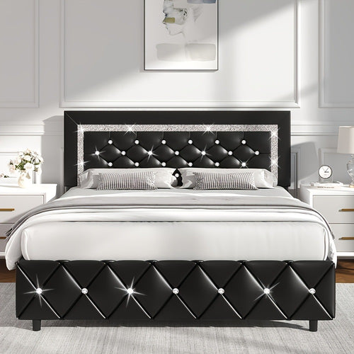 Bed Frame, Upholstered with Diamond Tufted Headboard, Faux Leather Headboard shown in the main product view
