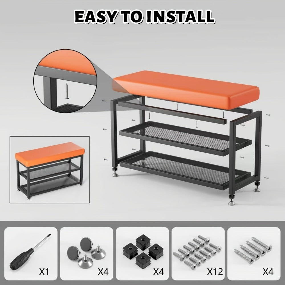 Entryway Shoe Bench with Cushion and Storage Rack, Metal Frame Shoe Changing Stool with Multi-Compartment Organizer for Foyer Bedroom, 24 or 32 Inch, Grey Orange