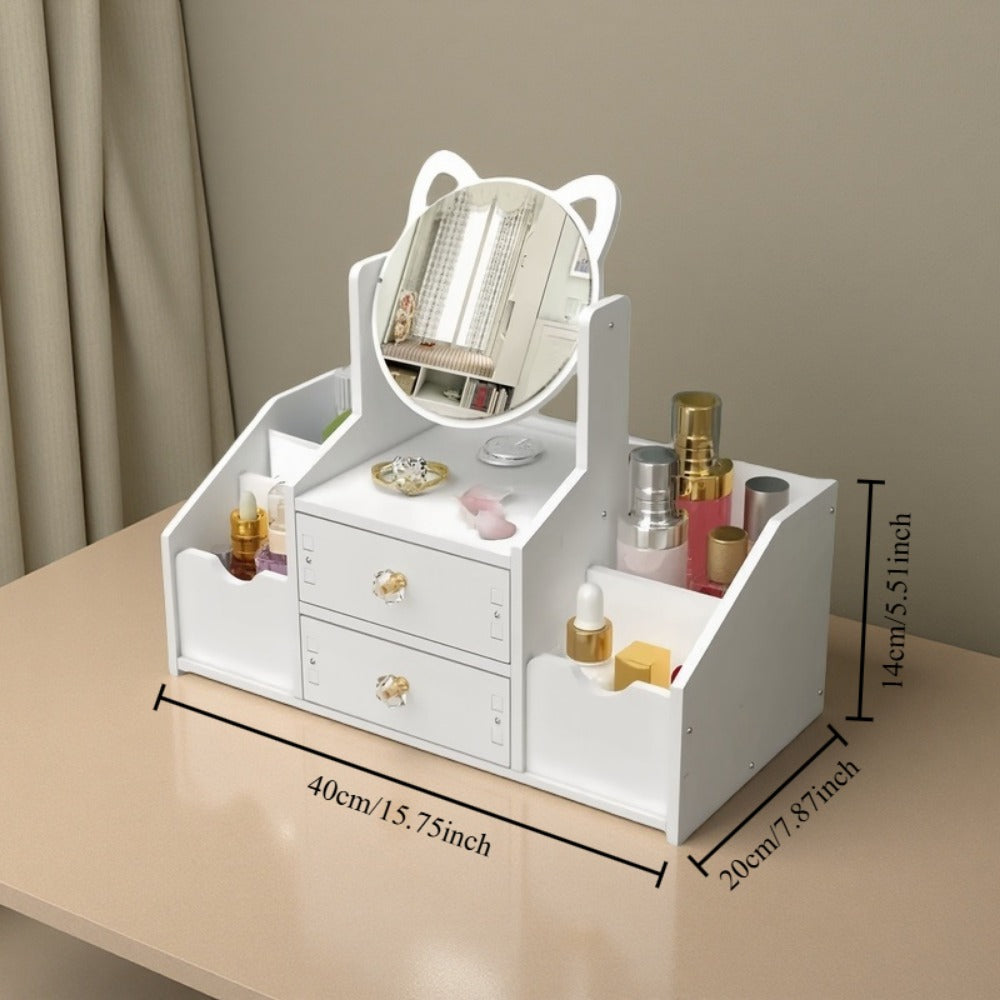 White Dressing Table with Rotating Makeup Mirror, Drawers & Shelves for Cosmetic Storage, Elegant Vanity Table for Bedroom Bathroom Living Room, Holiday Gift Idea