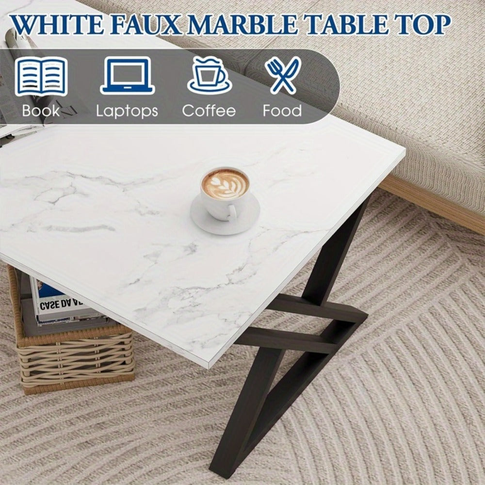 Faux Marble Coffee Table Rectangular with Sturdy Metal Frame, Modern Industrial Center Table for Living Room Bedroom Home Office