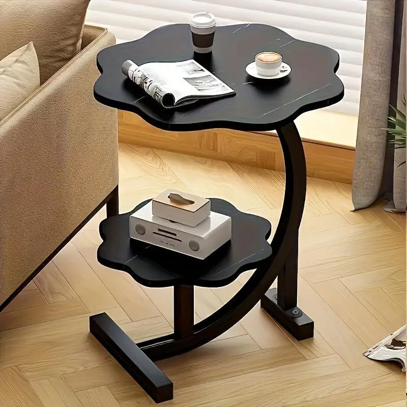Double-layer petal-shaped side table with metal frame, multi-purpose portable coffee table suitable for sofa end in living room, fiberboard structure, applicable to various models