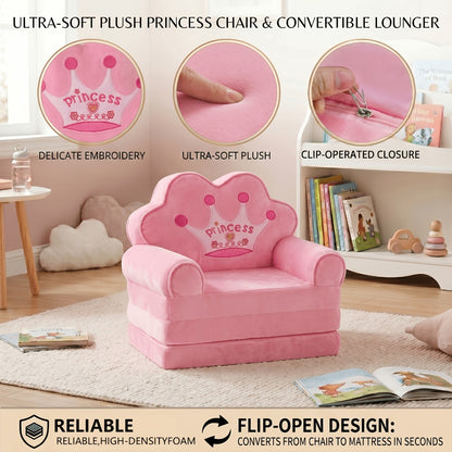 Kids Sofa Princess Crown Pink - 2-in-1 Flip Open Kids Couch & Lounger | Machine Washable Plush Cover & Certified Safe Foam | Dreamy Reading Nook Chair For Girls