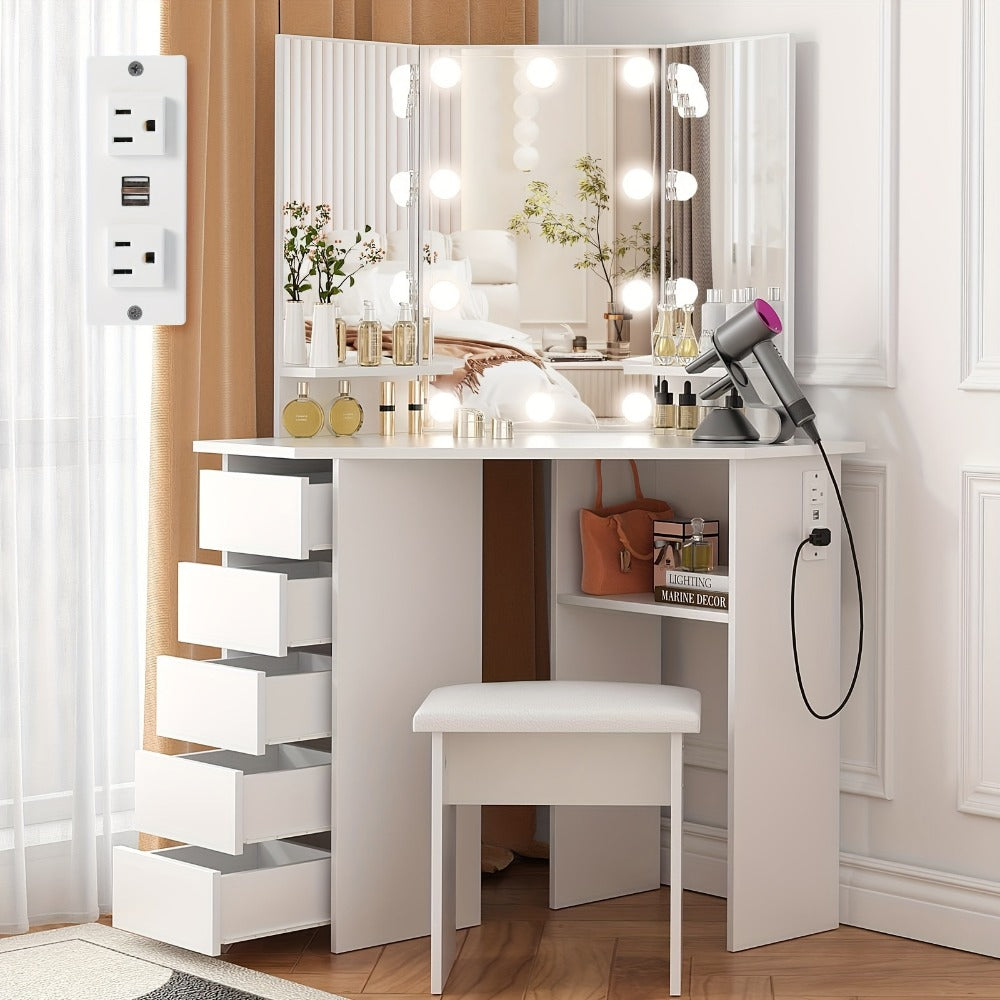 42" Corner Makeup Vanity Desk with Tri-Mirror, Lights & Outlet, 5 Sliding or Rotating Drawers, Stool Included – Dressing Table Set for Bedroom