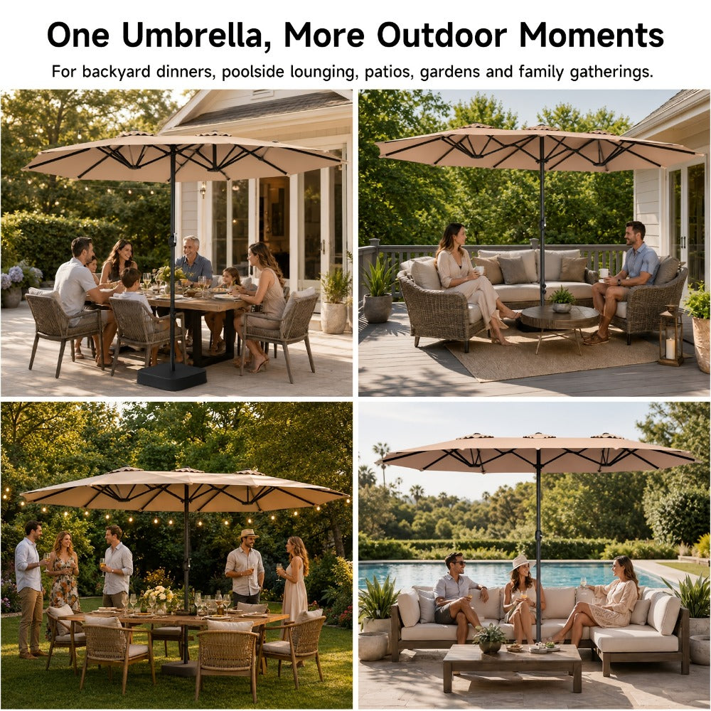 15ft Large Rectangle Patio Umbrella with Base Included – UPF50+ Double-Sided Canopy, Crank Handle, 12-Rib Wind Resistant Frame, Triple Vents, Safety Lock for Poolside, Garden & Yard, Beige & Blue
