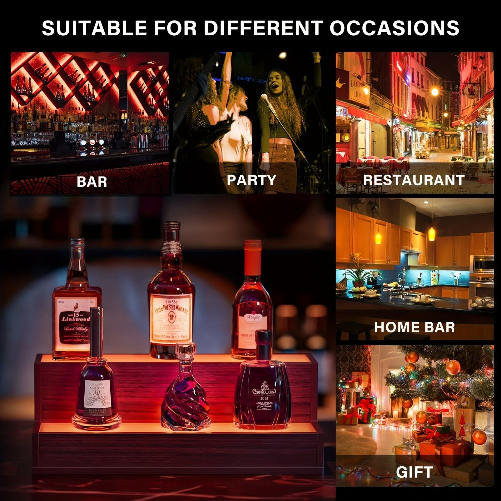 LED Lighted Liquor Bottle Display Shelf, 2-Tier Freestanding Bar Shelf with Warm Glow Lighting, Walnut & Gray Wood Home Bar Shelving Unit for Party Bar Decor