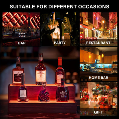 LED Lighted Liquor Bottle Display Shelf, 2-Tier Freestanding Bar Shelf with Warm Glow Lighting, Walnut & Gray Wood Home Bar Shelving Unit for Party Bar Decor