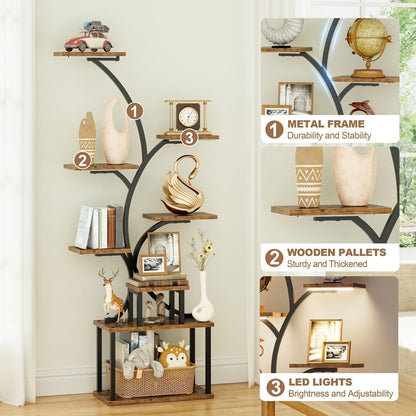LED Corner Display Stand Bookcase 8-Tier 62" Tree Shaped Plant Shelf Metal Shelving Unit for Living Room Bedroom Study Balcony Home Decor Gift