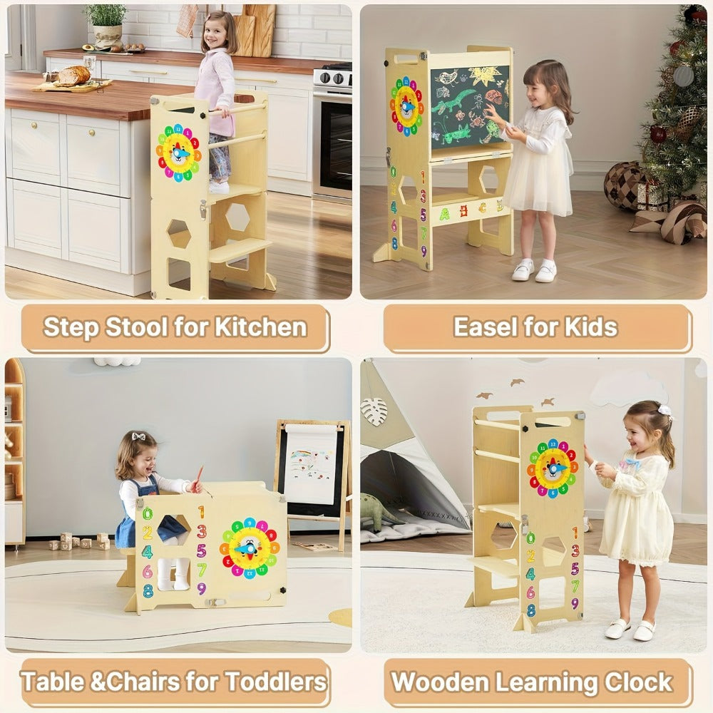 4-in-1 Toddler Learning Tower Foldable Wood Step Stool with Learning Clock & Blackboard, Kids Kitchen Helper Climbing Ladder for Motor Skills Development, Montessori Toddler Furniture, Khaki