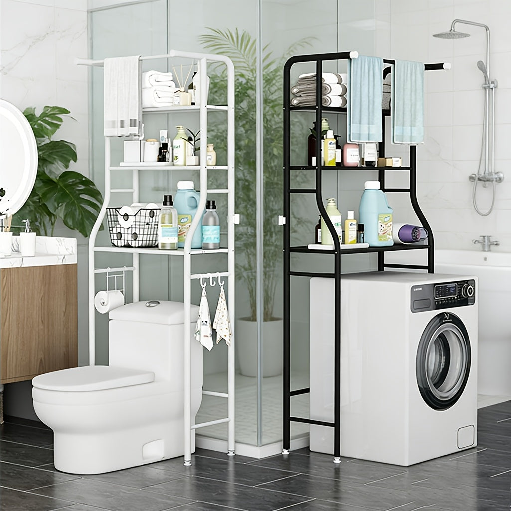 3-Tier Over Toilet Storage Basket And Hanger Rods - Space-Saving Laundry Drying Rack, Washing Machine Shelf, Bathroom Organizer, Bathroom Decor And Additions