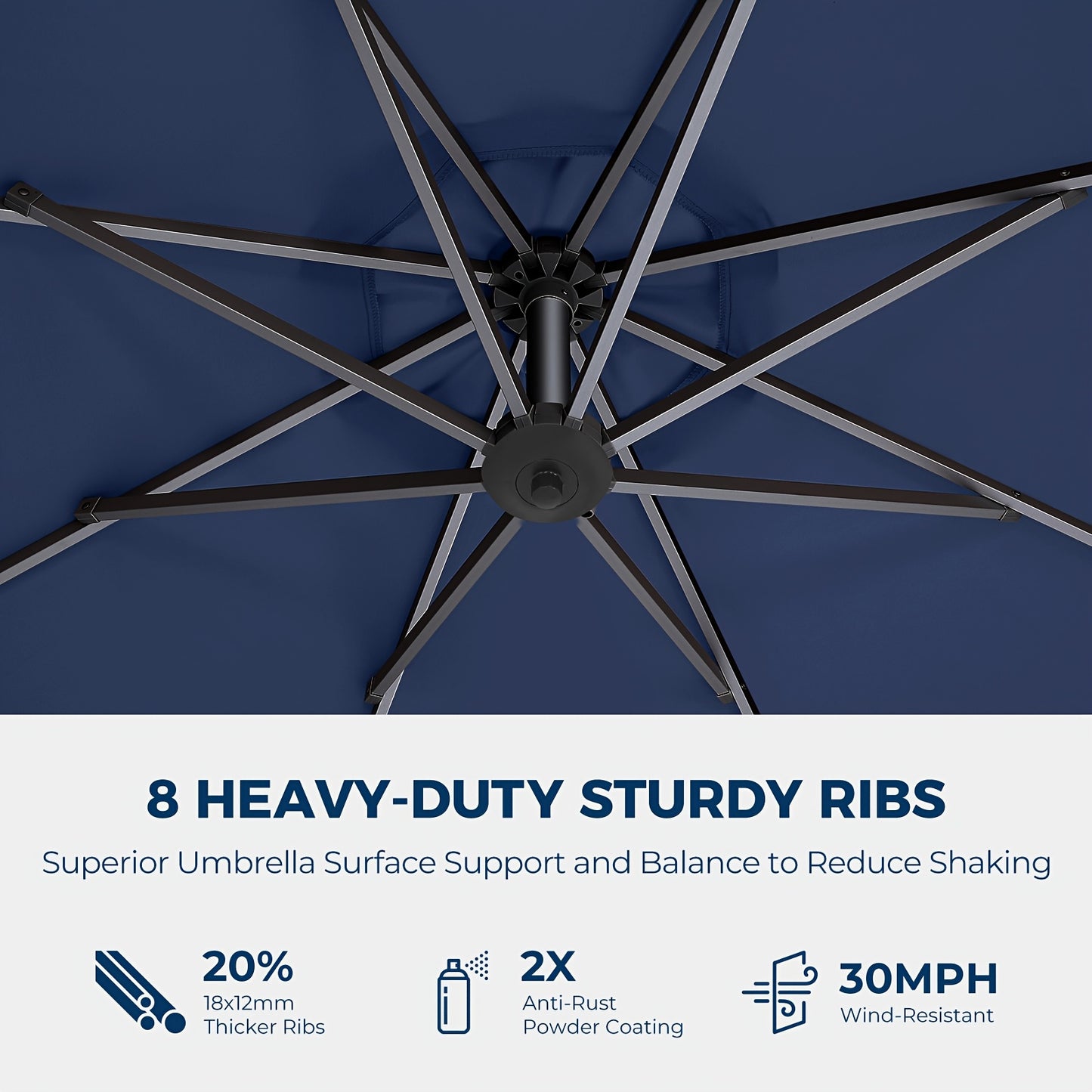 360 Degree Rotation 10Ft Solar Patio Umbrella with Base Included, Offset Cantilever Outdoor Umbrella with 32 LED Lights, Offering UPF50+ UV Protection, 8 Sturdy Ribs, for Outdoor, Pool, Deck And Garden