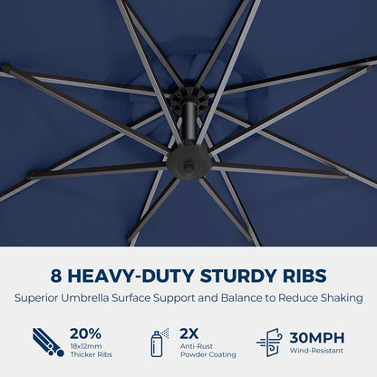 360 Degree Rotation 10Ft Solar Patio Umbrella with Base Included, Offset Cantilever Outdoor Umbrella with 32 LED Lights, Offering UPF50+ UV Protection, 8 Sturdy Ribs, for Outdoor, Pool, Deck And Garden