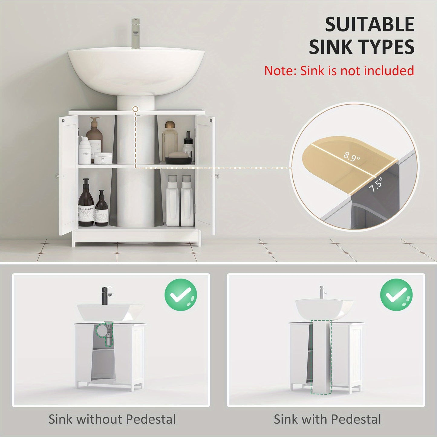 Under Sink Bathroom Cabinet with 2 Doors and Shelf, Pedestal Sink Bathroom Vanity Furniture, White