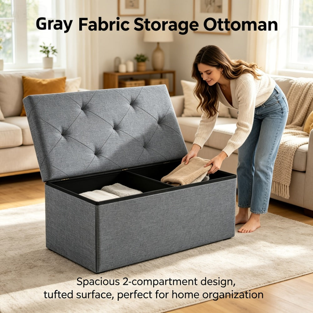 Folding Storage Ottoman Footstool Bench with Seat Cushion Waterproof Easy-Clean Surface, Heavy Duty Multifunctional Organizer for Living Room Bedroom Patio Garden, Medium Large Extra Large Grey