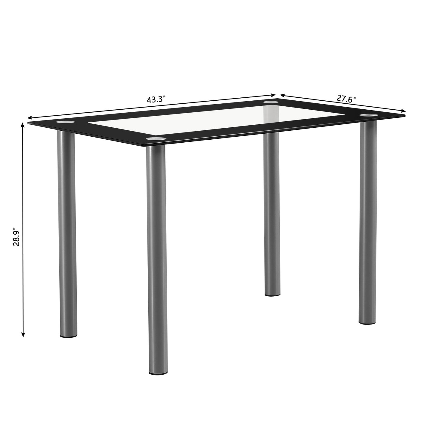 Easy Rectangular Dining Table, Black Edging Clear Glass Small Dining Table, 4-Seater Dining Table Composed of Stainless Steel Cylindrical Legs And Tempered Glass (Chairs Not Included)