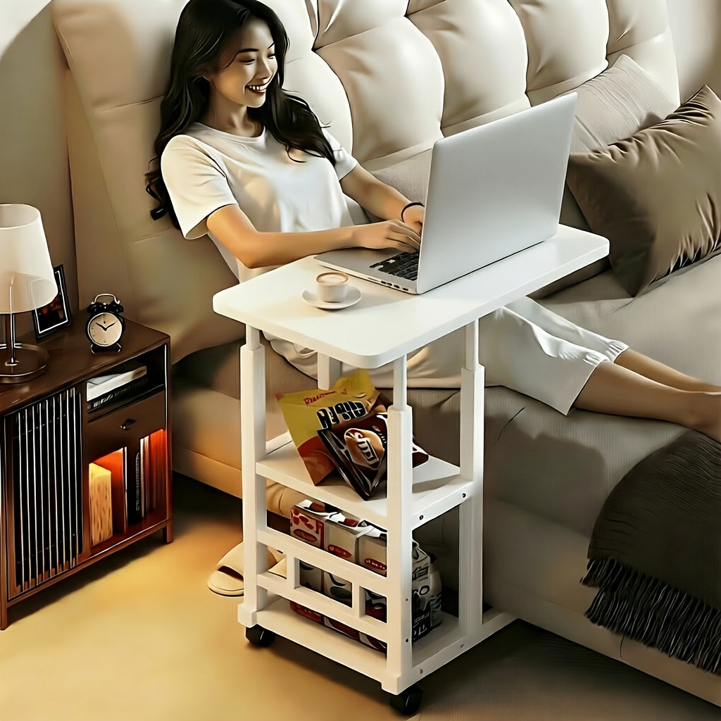 Over-bed Table with 2-layer Storage Rack- Mobile Bedside Table for Sofa, Bed and Bedroom, Versatile Nightstand, Suitable for Snacks, Laptop and Organizing Essentials(solid Metal Frame, Smooth Wheels, Space-saving Design)