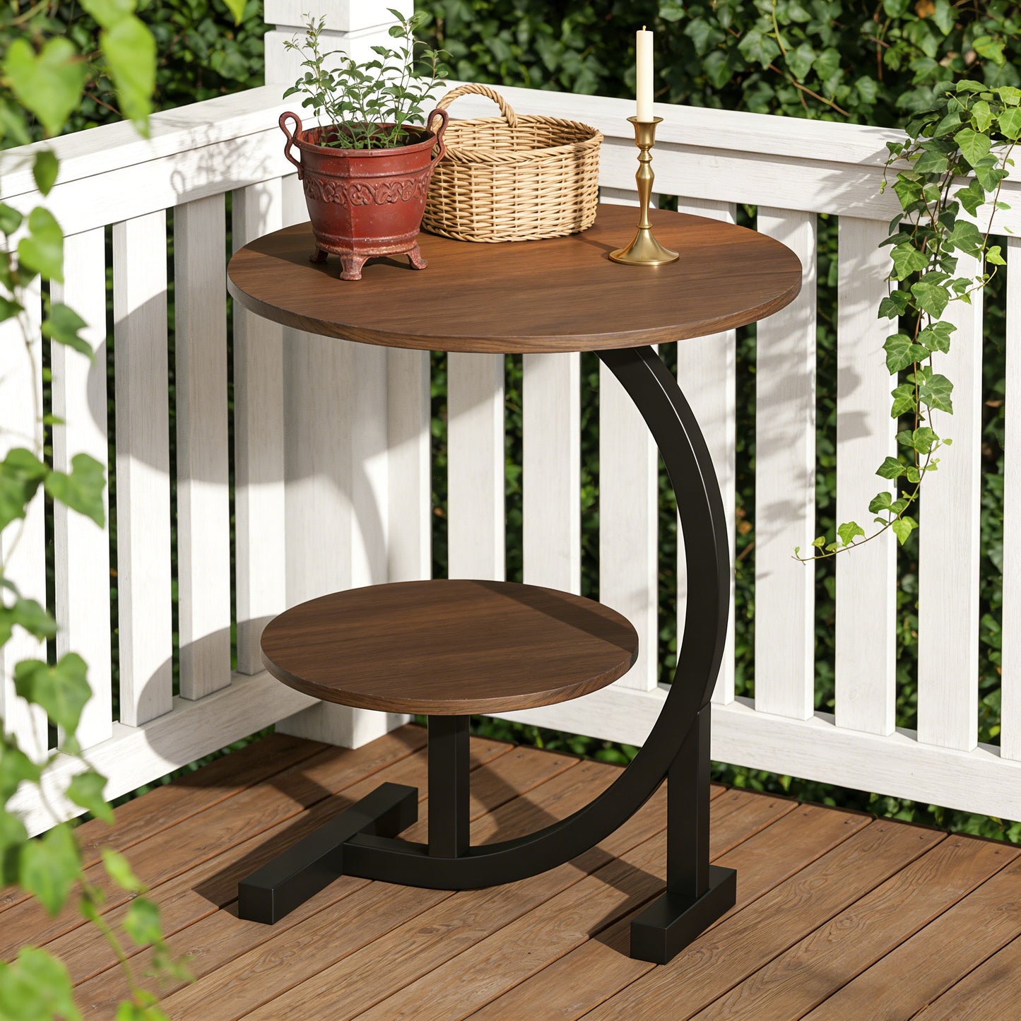 14 Inch Round Metal Solid Wood Arc Side Table with Double Layer Storage Shelf - Modern Garden Side Table - Durable Metal Coffee Table for Terrace, Camping, Balcony Or Outdoor Space, Space-Saving Design, Sturdy Base, Garden Table, Garden Furniture
