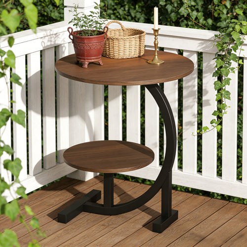 14 Inch Round Metal Solid Wood Arc Side Table with Double Layer Storage Shelf - Modern Garden Side Table - Durable Metal Coffee Table for Terrace, Camping, Balcony Or Outdoor Space, Space-Saving Design, Sturdy Base, Garden Table, Garden Furniture