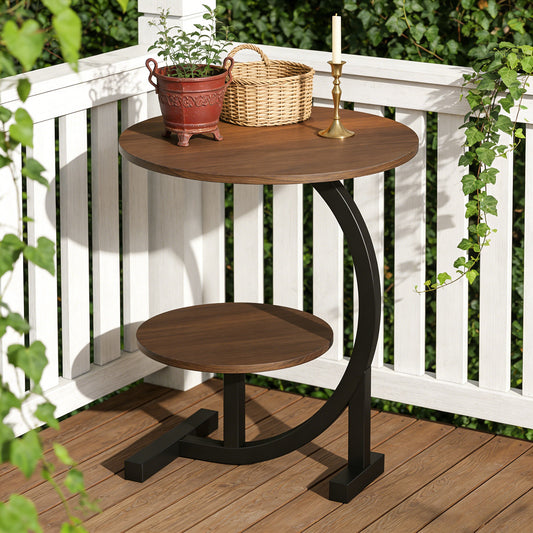 14 Inch Round Metal Solid Wood Arc Side Table with Double Layer Storage Shelf - Modern Garden Side Table - Durable Metal Coffee Table for Terrace, Camping, Balcony Or Outdoor Space, Space-Saving Design, Sturdy Base, Garden Table, Garden Furniture