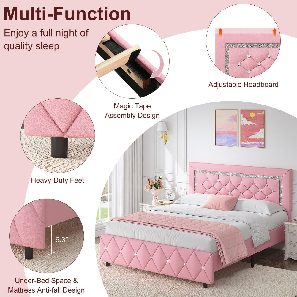 Upholstered Platform Bed Frame with Button-Tufted Diamond Headboard – Wooden Slats, No Box Spring Needed, Twin Full Queen King, Black White Pink Green Gray Beige